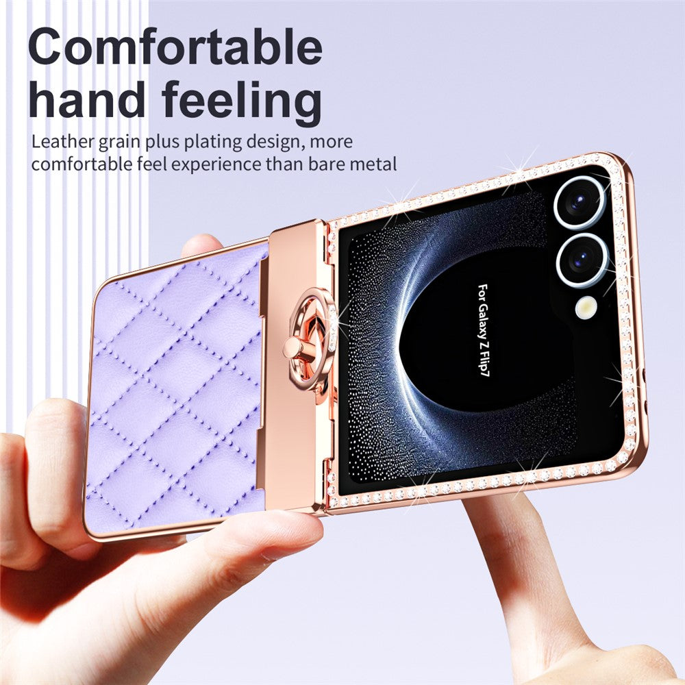 For Samsung Galaxy Z Flip7 5G Case Rhinestone Decoration Ring Holder Rhombus Leather + PC Phone Cover - Purple
