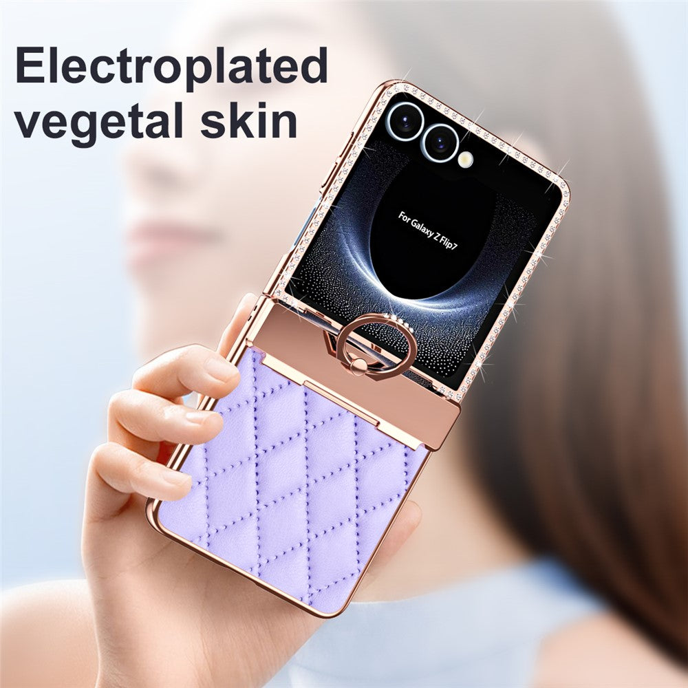 For Samsung Galaxy Z Flip7 5G Case Rhinestone Decoration Ring Holder Rhombus Leather + PC Phone Cover - Purple