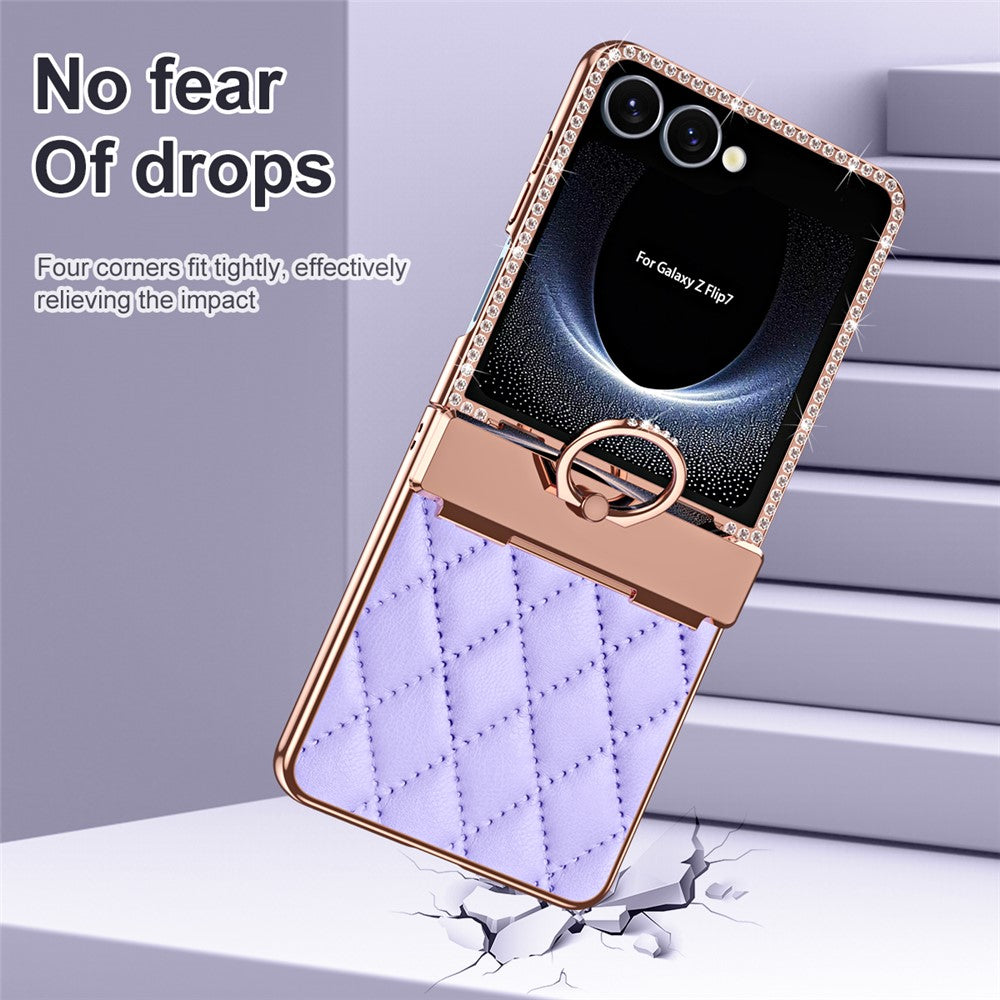 For Samsung Galaxy Z Flip7 5G Case Rhinestone Decoration Ring Holder Rhombus Leather + PC Phone Cover - Purple