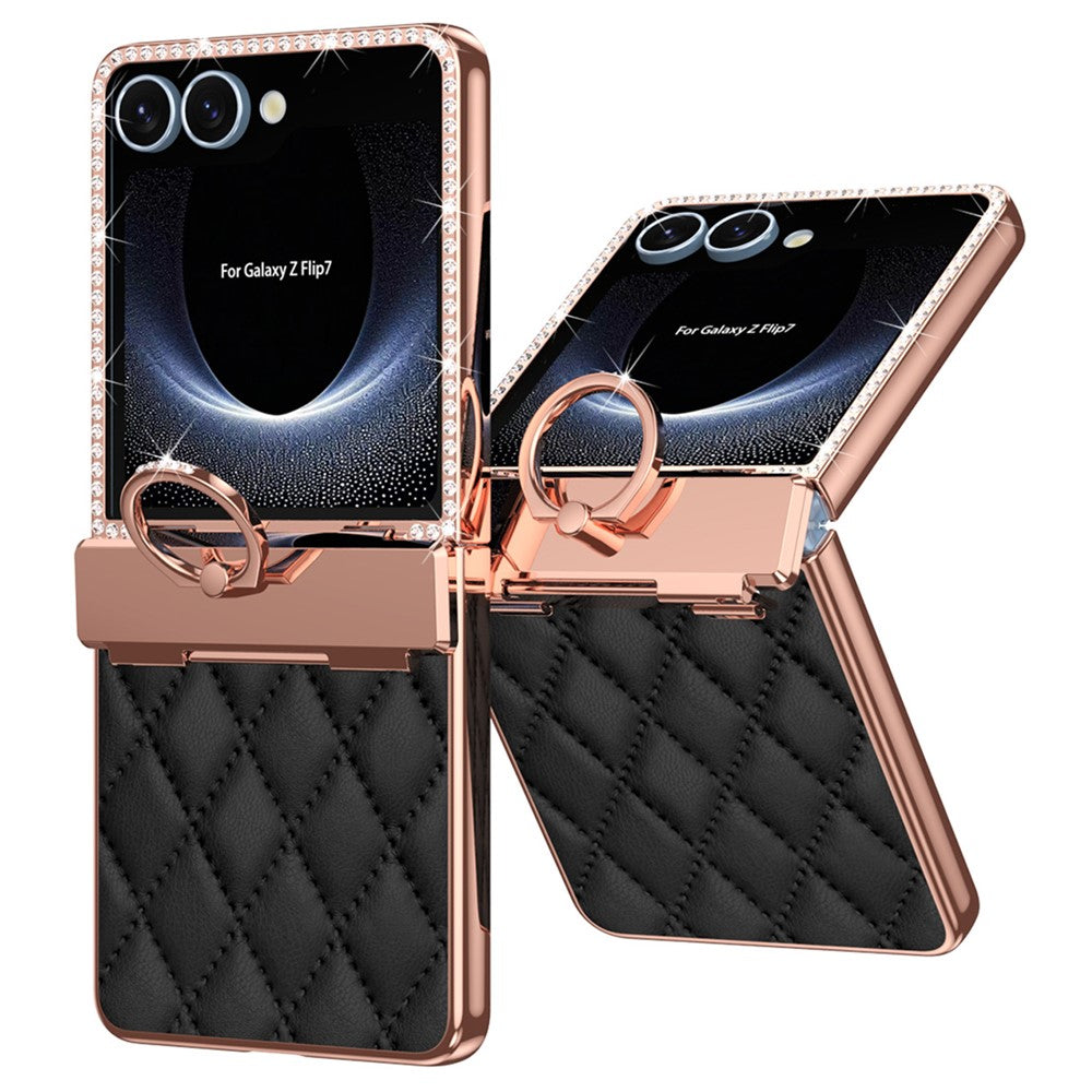 For Samsung Galaxy Z Flip7 5G Case Rhinestone Decoration Ring Holder Rhombus Leather + PC Phone Cover - Black