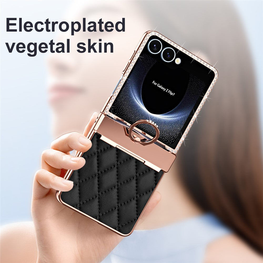 For Samsung Galaxy Z Flip7 5G Case Rhinestone Decoration Ring Holder Rhombus Leather + PC Phone Cover - Black