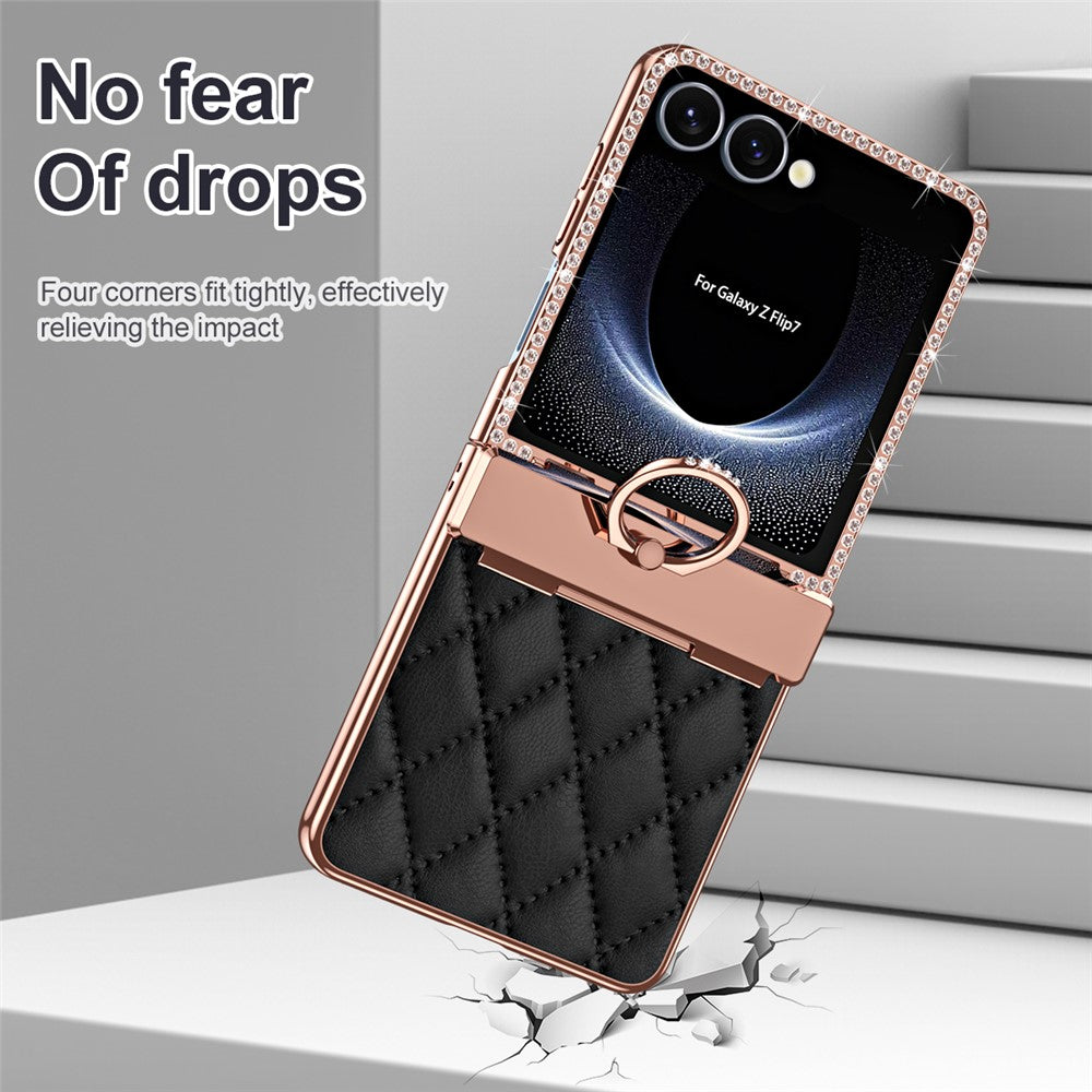 For Samsung Galaxy Z Flip7 5G Case Rhinestone Decoration Ring Holder Rhombus Leather + PC Phone Cover - Black