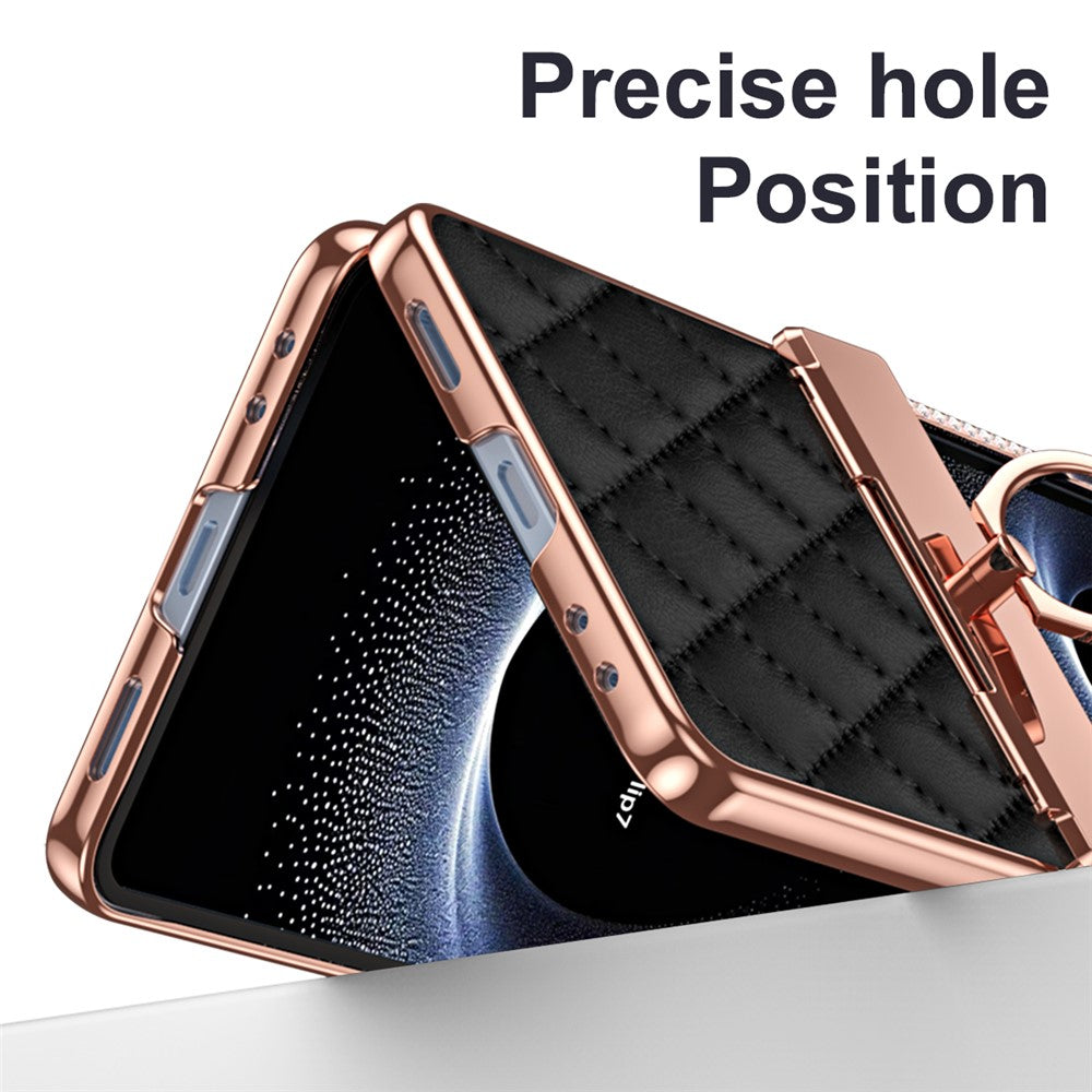 For Samsung Galaxy Z Flip7 5G Case Rhinestone Decoration Ring Holder Rhombus Leather + PC Phone Cover - Black