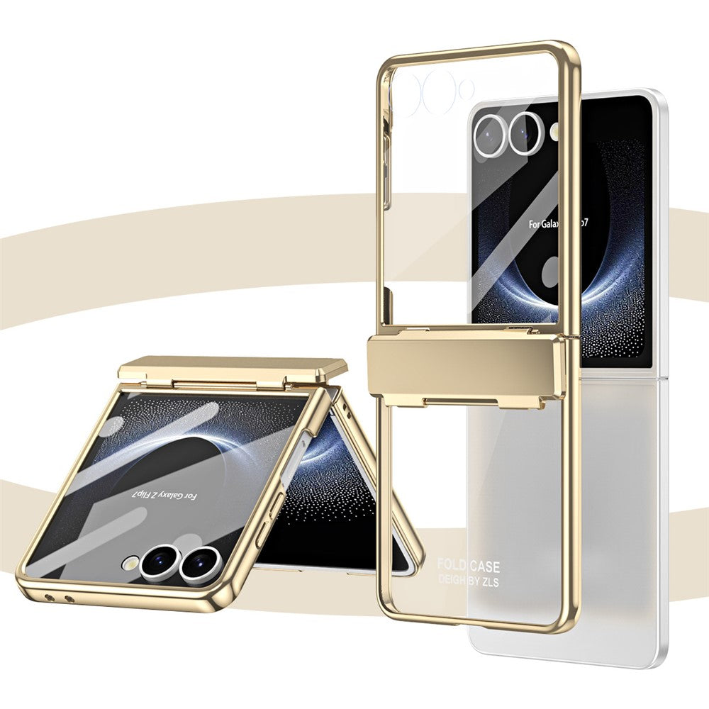For Samsung Galaxy Z Flip7 5G Case Electroplating PC Folding Phone Cover with Screen Protector - Gold