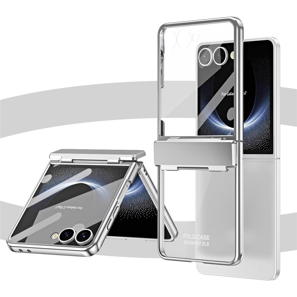 For Samsung Galaxy Z Flip7 5G Case Electroplating PC Folding Phone Cover with Screen Protector - Silver