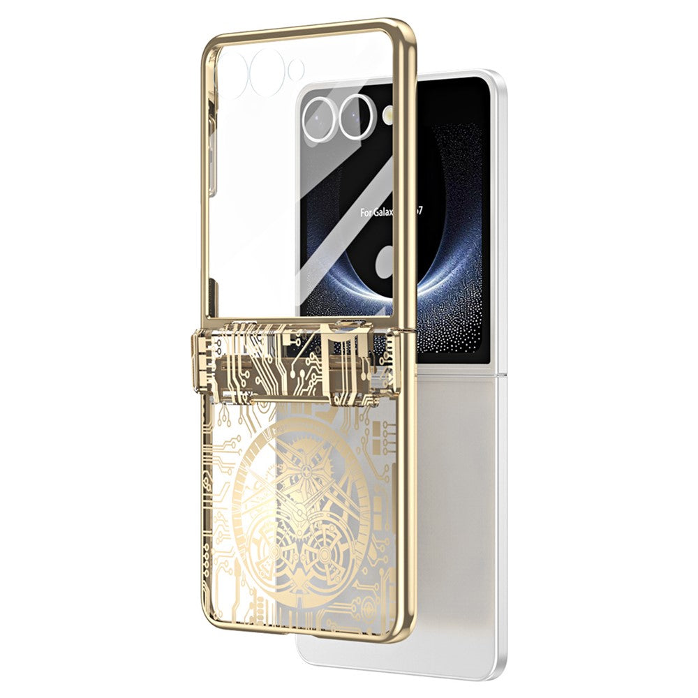 For Samsung Galaxy Z Flip7 5G Case Mechanical Legend Electroplating PC Phone Cover with Rear Screen Film - Gold