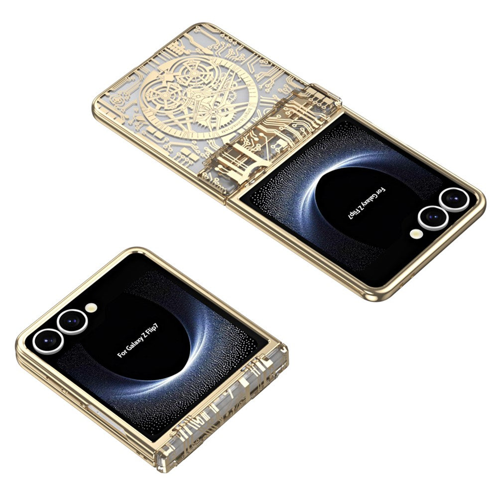 For Samsung Galaxy Z Flip7 5G Case Mechanical Legend Electroplating PC Phone Cover with Rear Screen Film - Gold