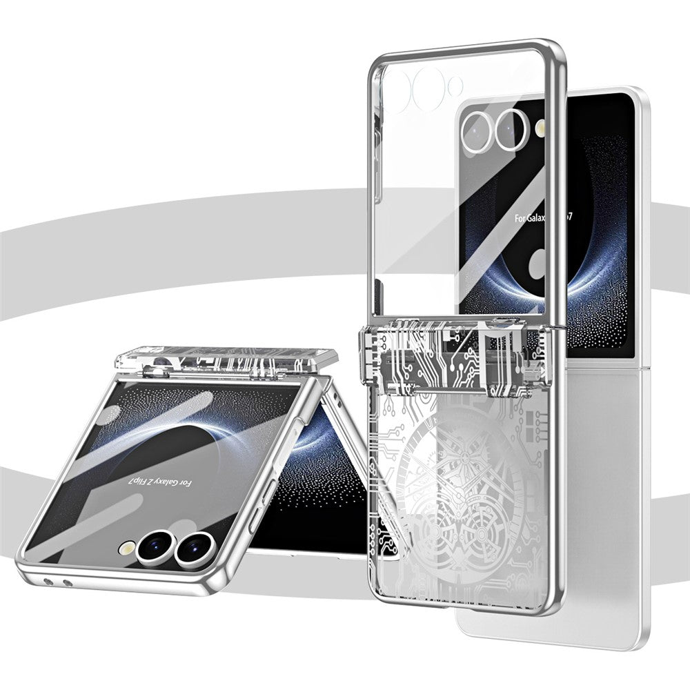 For Samsung Galaxy Z Flip7 5G Case Mechanical Legend Electroplating PC Phone Cover with Rear Screen Film - Silver