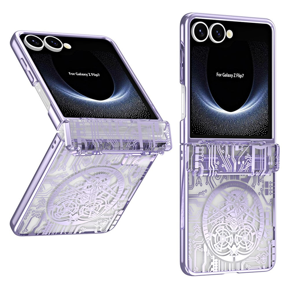 For Samsung Galaxy Z Flip7 5G Case Mechanical Legend Electroplating PC Phone Cover with Rear Screen Film - Purple