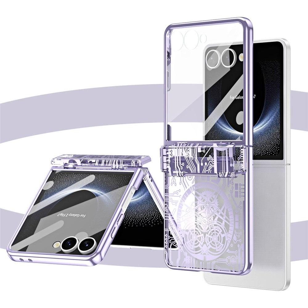 For Samsung Galaxy Z Flip7 5G Case Mechanical Legend Electroplating PC Phone Cover with Rear Screen Film - Purple