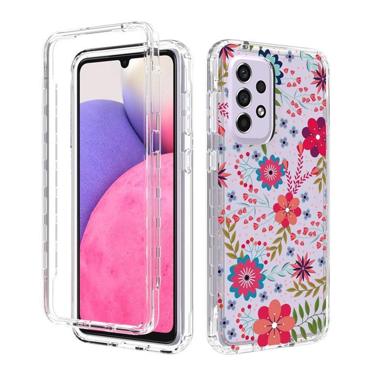 For Samsung Galaxy A33 5G PC Frame + TPU Cover Detachable 2-in-1 Pattern Printing Clear Cellphone Protective Case - Flower and Leaf