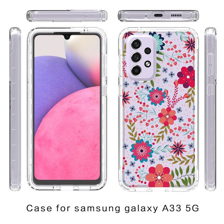 For Samsung Galaxy A33 5G PC Frame + TPU Cover Detachable 2-in-1 Pattern Printing Clear Cellphone Protective Case - Flower and Leaf