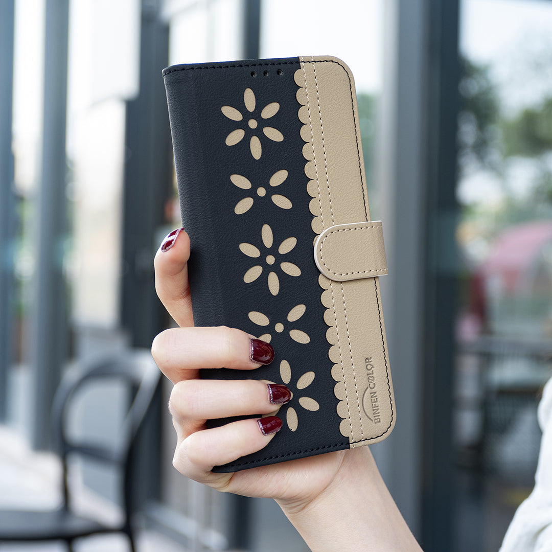 For Oppo Reno13 F 5G Leather Case BINFEN COLOR BF36 Floral Pattern Phone Cover RFID Blocking Wallet Stand - Black
