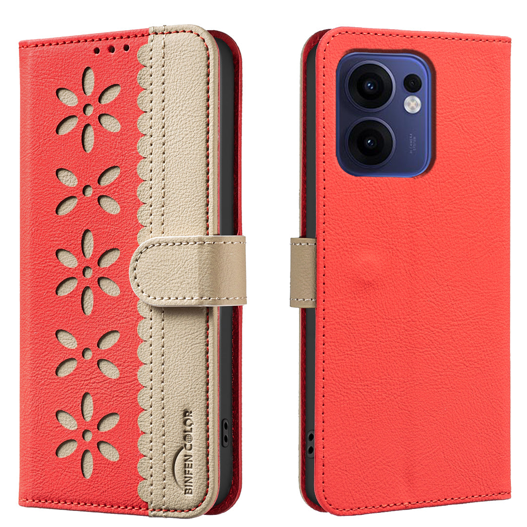 For Oppo Reno13 F 5G Leather Case BINFEN COLOR BF36 Floral Pattern Phone Cover RFID Blocking Wallet Stand - Red