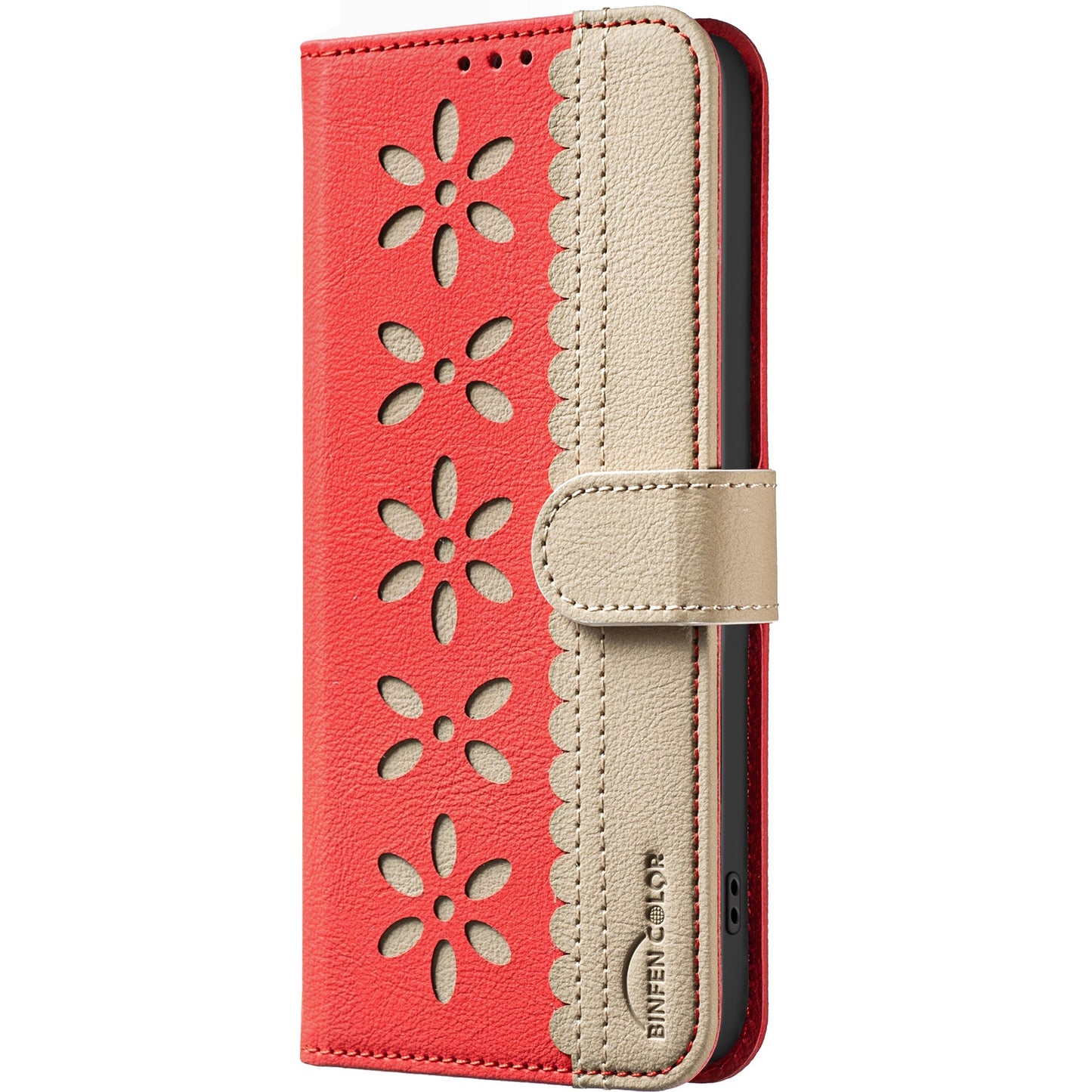 For Oppo Reno13 F 5G Leather Case BINFEN COLOR BF36 Floral Pattern Phone Cover RFID Blocking Wallet Stand - Red