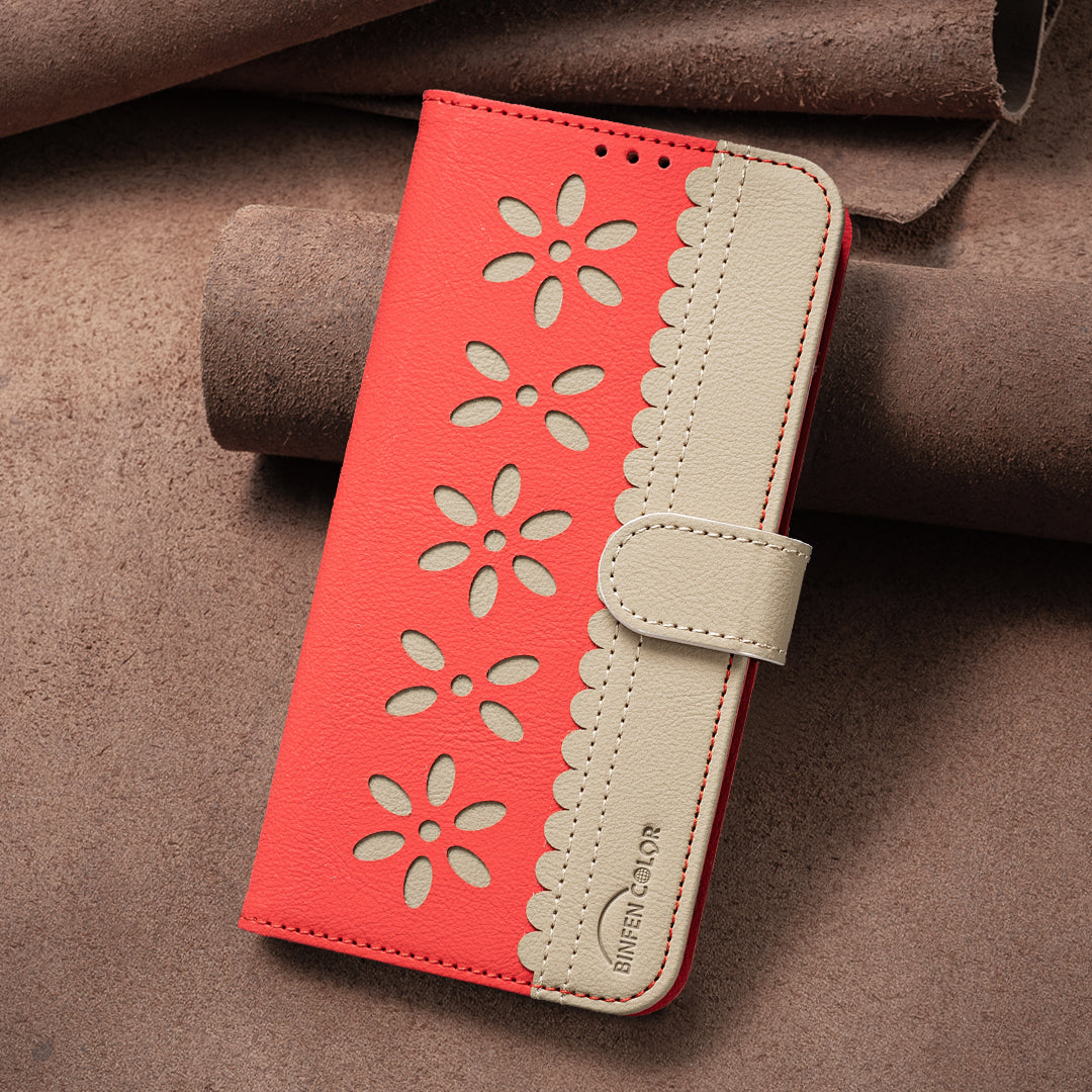 For Oppo Reno13 F 5G Leather Case BINFEN COLOR BF36 Floral Pattern Phone Cover RFID Blocking Wallet Stand - Red
