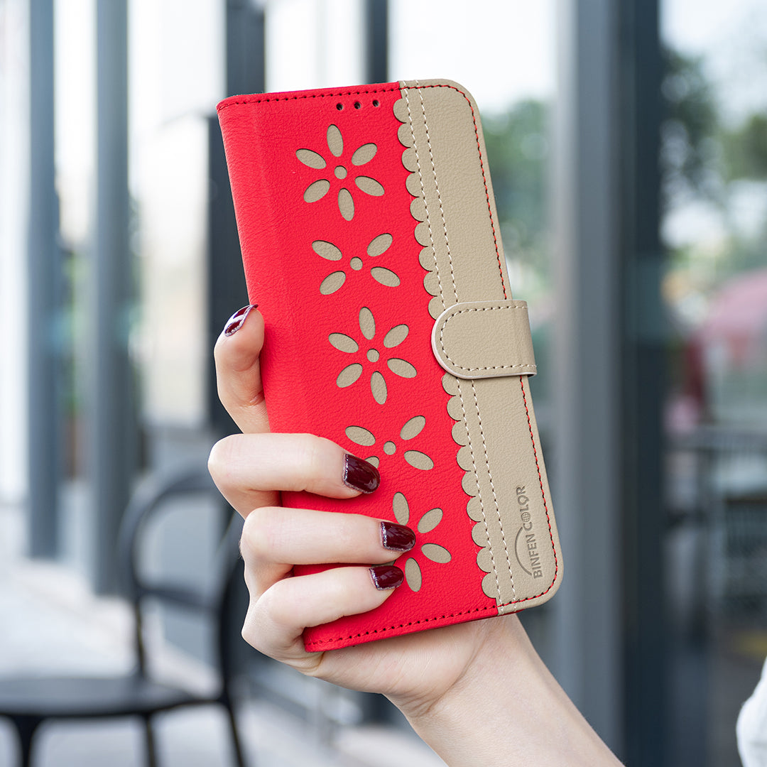 For Oppo Reno13 F 5G Leather Case BINFEN COLOR BF36 Floral Pattern Phone Cover RFID Blocking Wallet Stand - Red