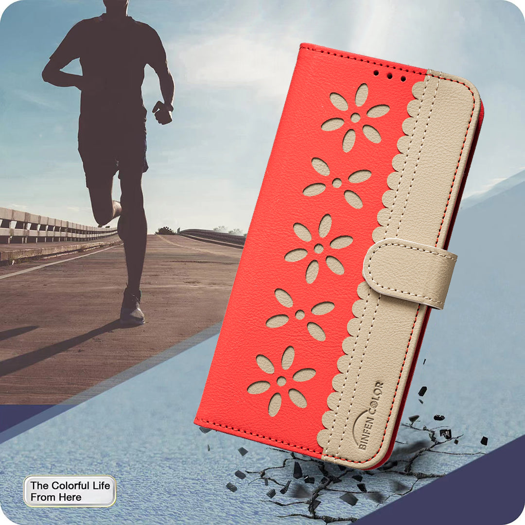 For Oppo Reno13 F 5G Leather Case BINFEN COLOR BF36 Floral Pattern Phone Cover RFID Blocking Wallet Stand - Red