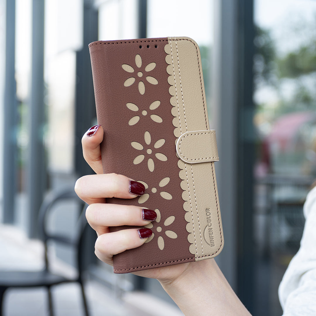 For Oppo Reno13 F 5G Leather Case BINFEN COLOR BF36 Floral Pattern Phone Cover RFID Blocking Wallet Stand - Brown