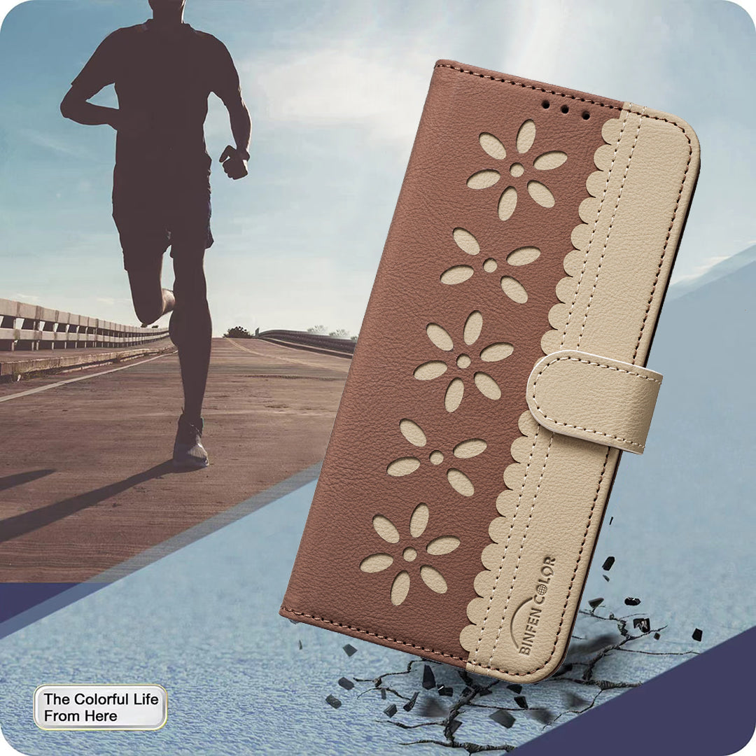 For Oppo Reno13 F 5G Leather Case BINFEN COLOR BF36 Floral Pattern Phone Cover RFID Blocking Wallet Stand - Brown