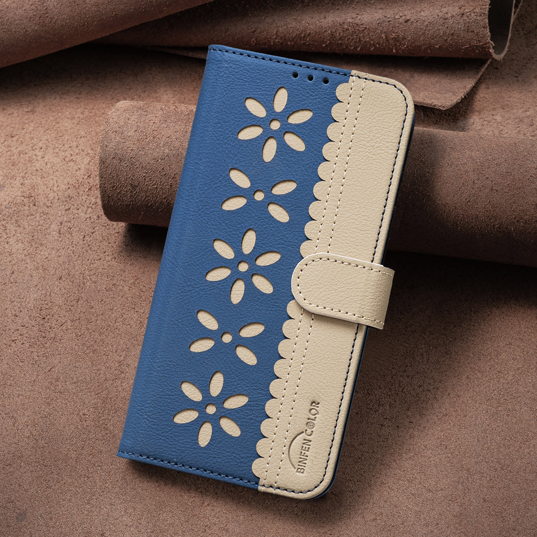 For Oppo Reno13 F 5G Leather Case BINFEN COLOR BF36 Floral Pattern Phone Cover RFID Blocking Wallet Stand - Dark Blue