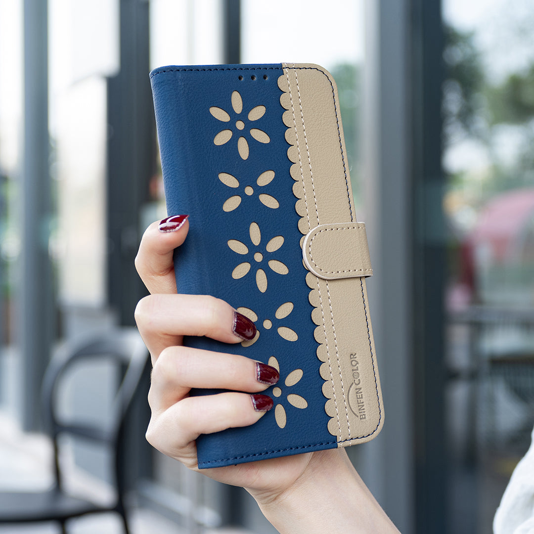 For Oppo Reno13 F 5G Leather Case BINFEN COLOR BF36 Floral Pattern Phone Cover RFID Blocking Wallet Stand - Dark Blue