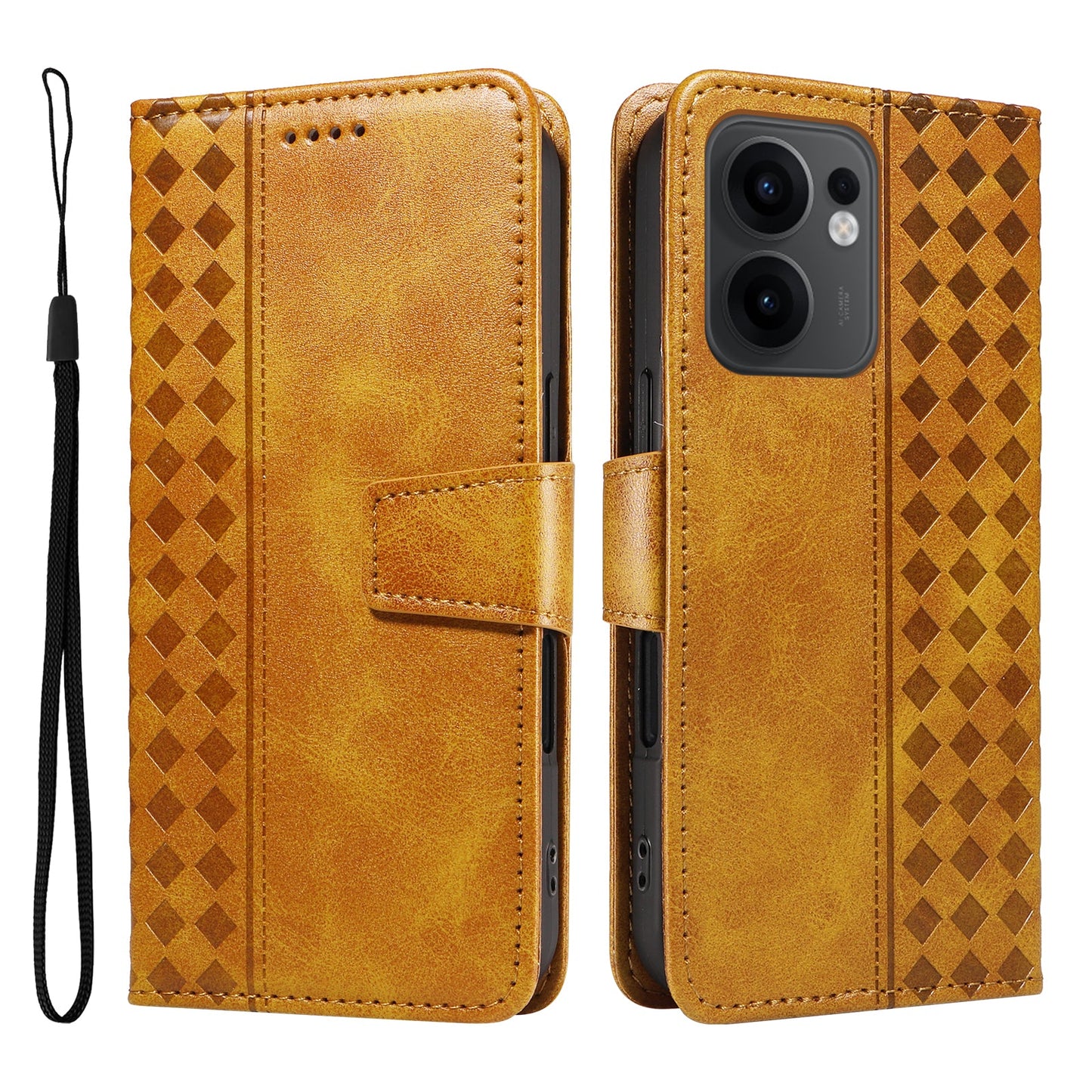 For Oppo Reno13 F 4G / Oppo Reno13 F 5G Leather Case Wallet Stand Grids Imprinted Phone Cover with Strap - Yellow