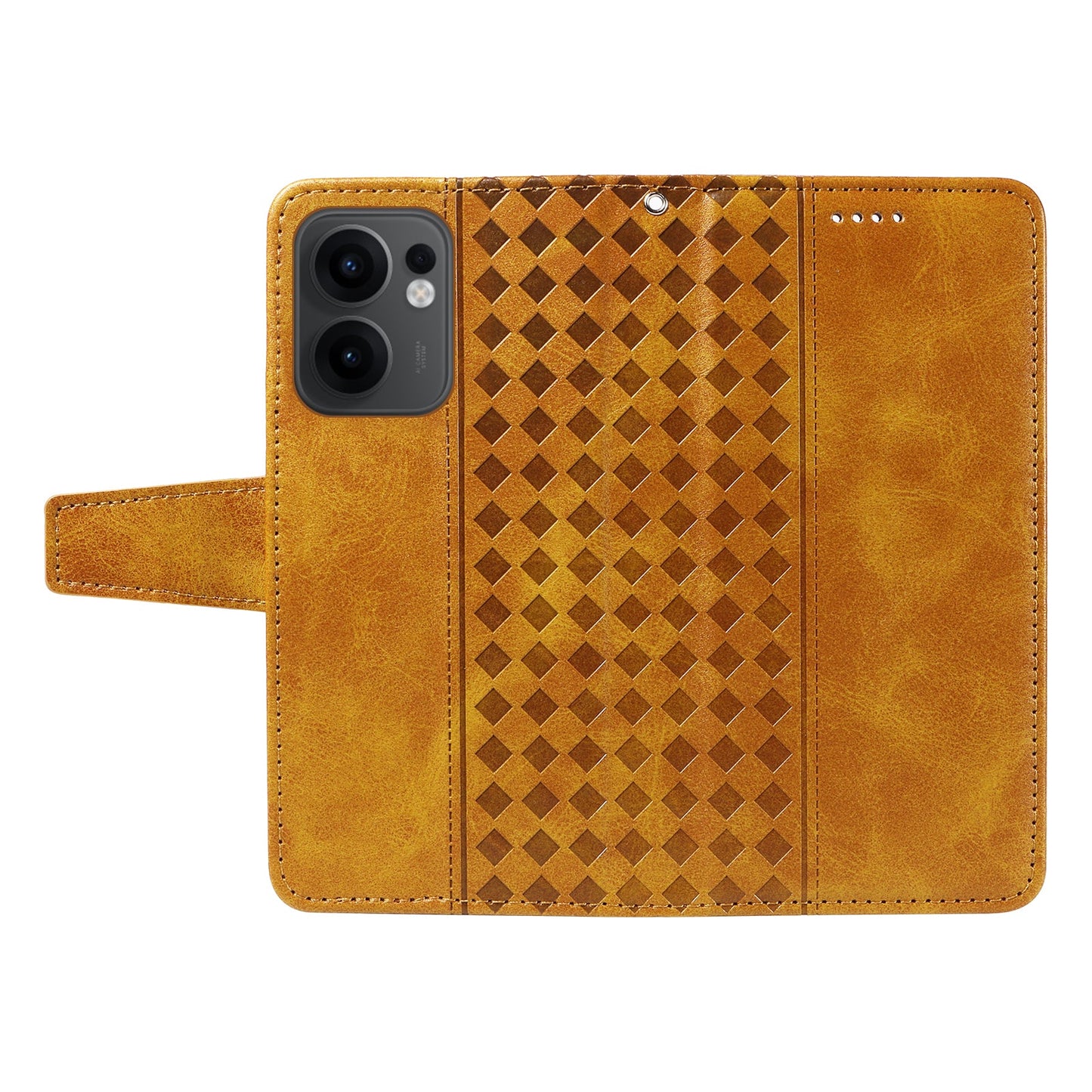 For Oppo Reno13 F 4G / Oppo Reno13 F 5G Leather Case Wallet Stand Grids Imprinted Phone Cover with Strap - Yellow