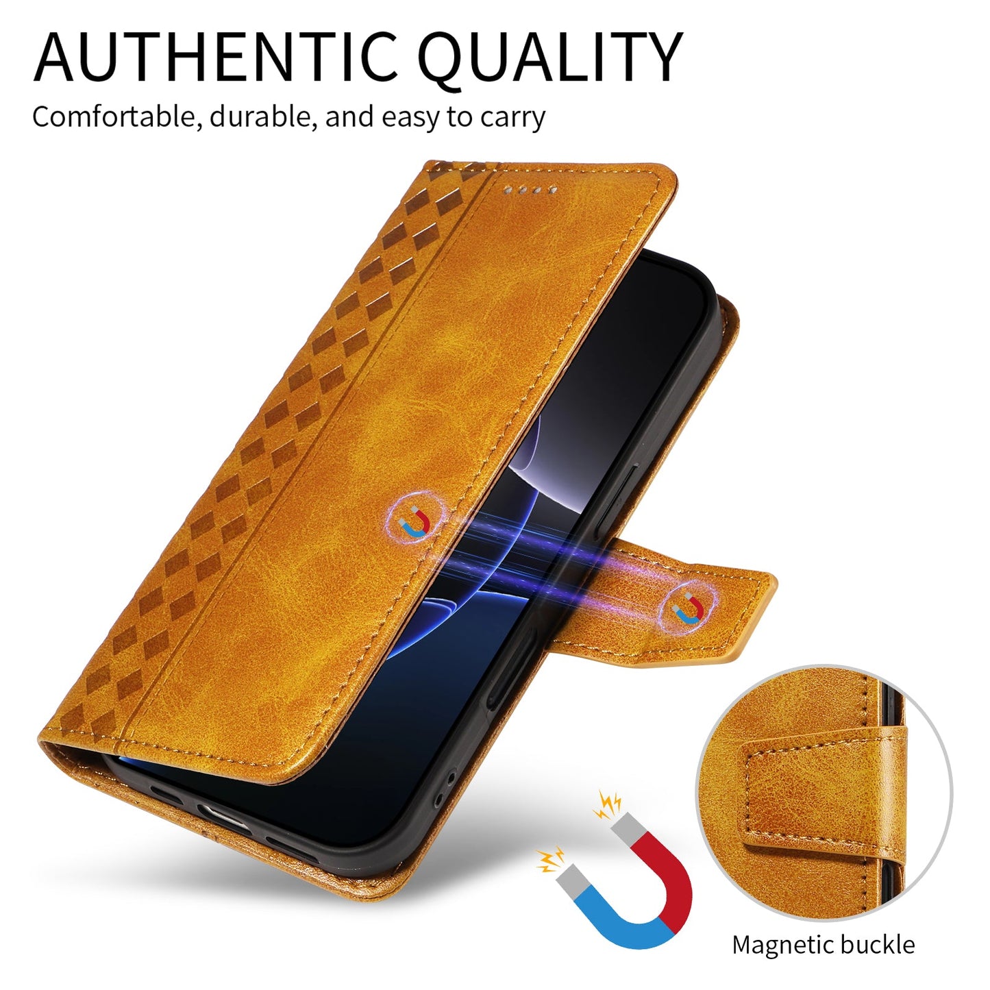 For Oppo Reno13 F 4G / Oppo Reno13 F 5G Leather Case Wallet Stand Grids Imprinted Phone Cover with Strap - Yellow