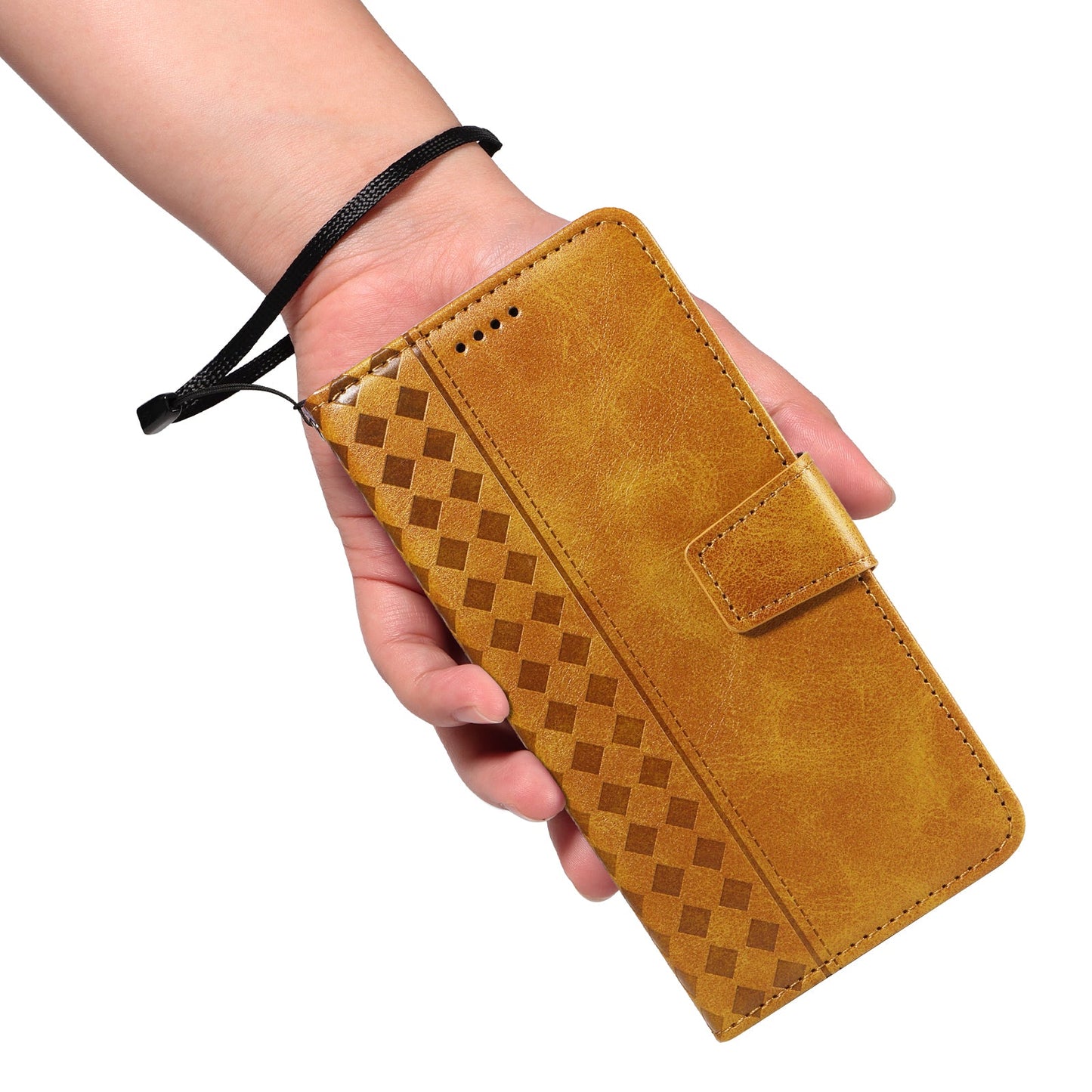 For Oppo Reno13 F 4G / Oppo Reno13 F 5G Leather Case Wallet Stand Grids Imprinted Phone Cover with Strap - Yellow