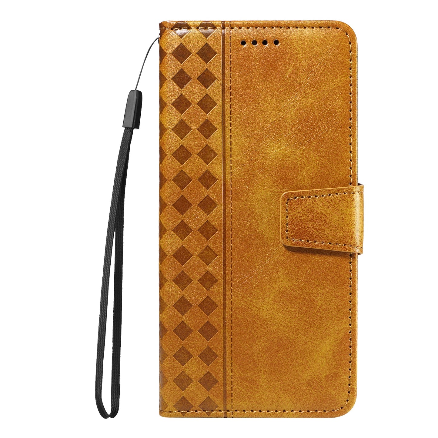 For Oppo Reno13 F 4G / Oppo Reno13 F 5G Leather Case Wallet Stand Grids Imprinted Phone Cover with Strap - Yellow