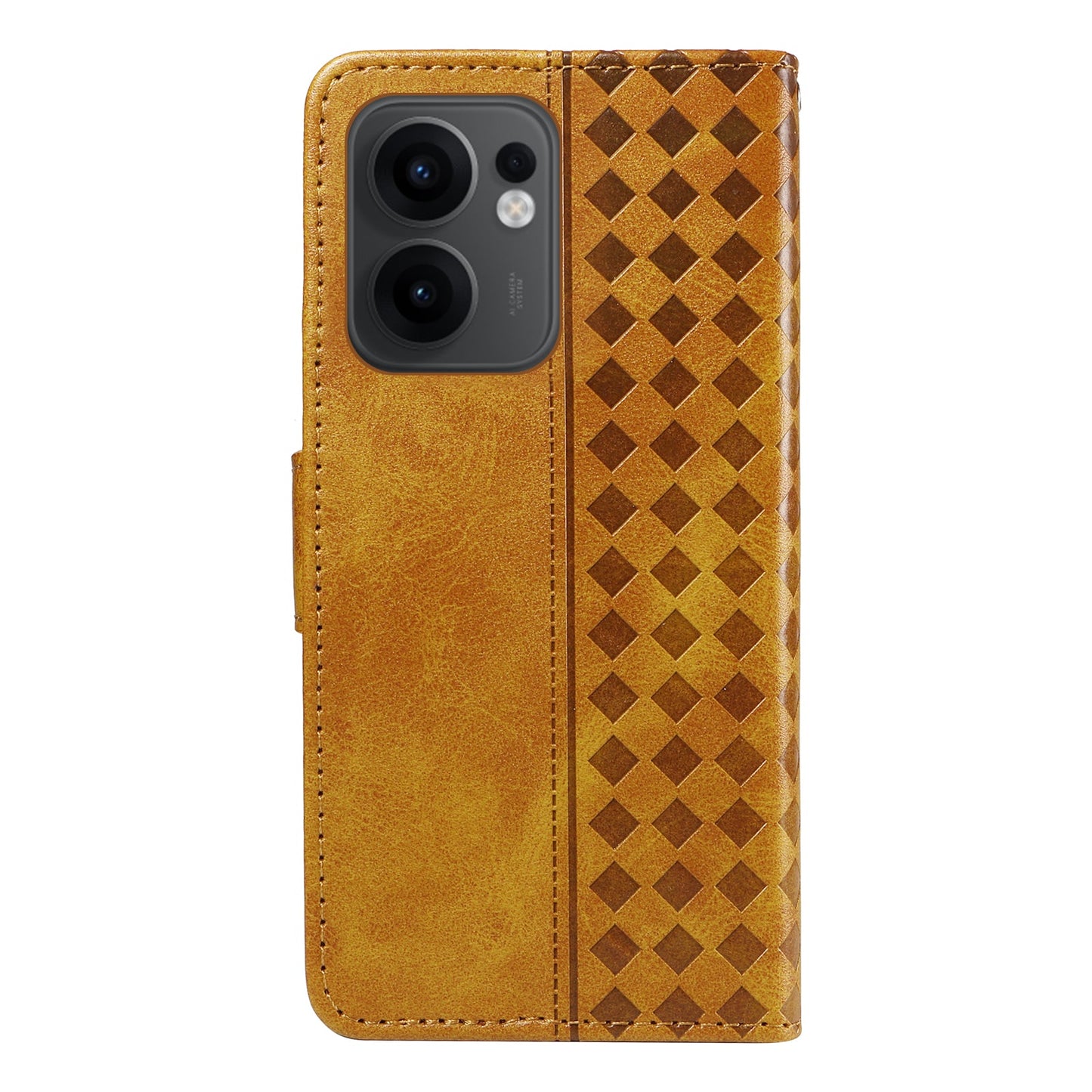 For Oppo Reno13 F 4G / Oppo Reno13 F 5G Leather Case Wallet Stand Grids Imprinted Phone Cover with Strap - Yellow