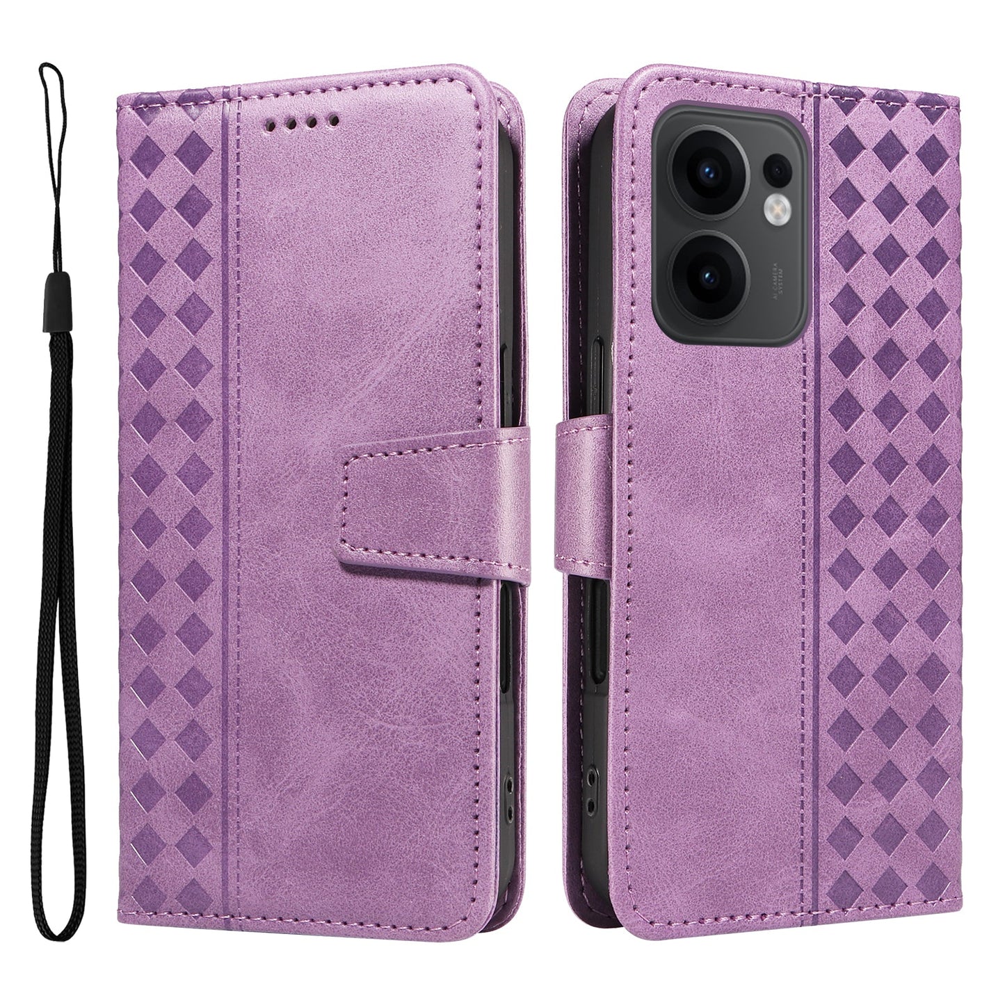 For Oppo Reno13 F 4G / Oppo Reno13 F 5G Leather Case Wallet Stand Grids Imprinted Phone Cover with Strap - Light Purple