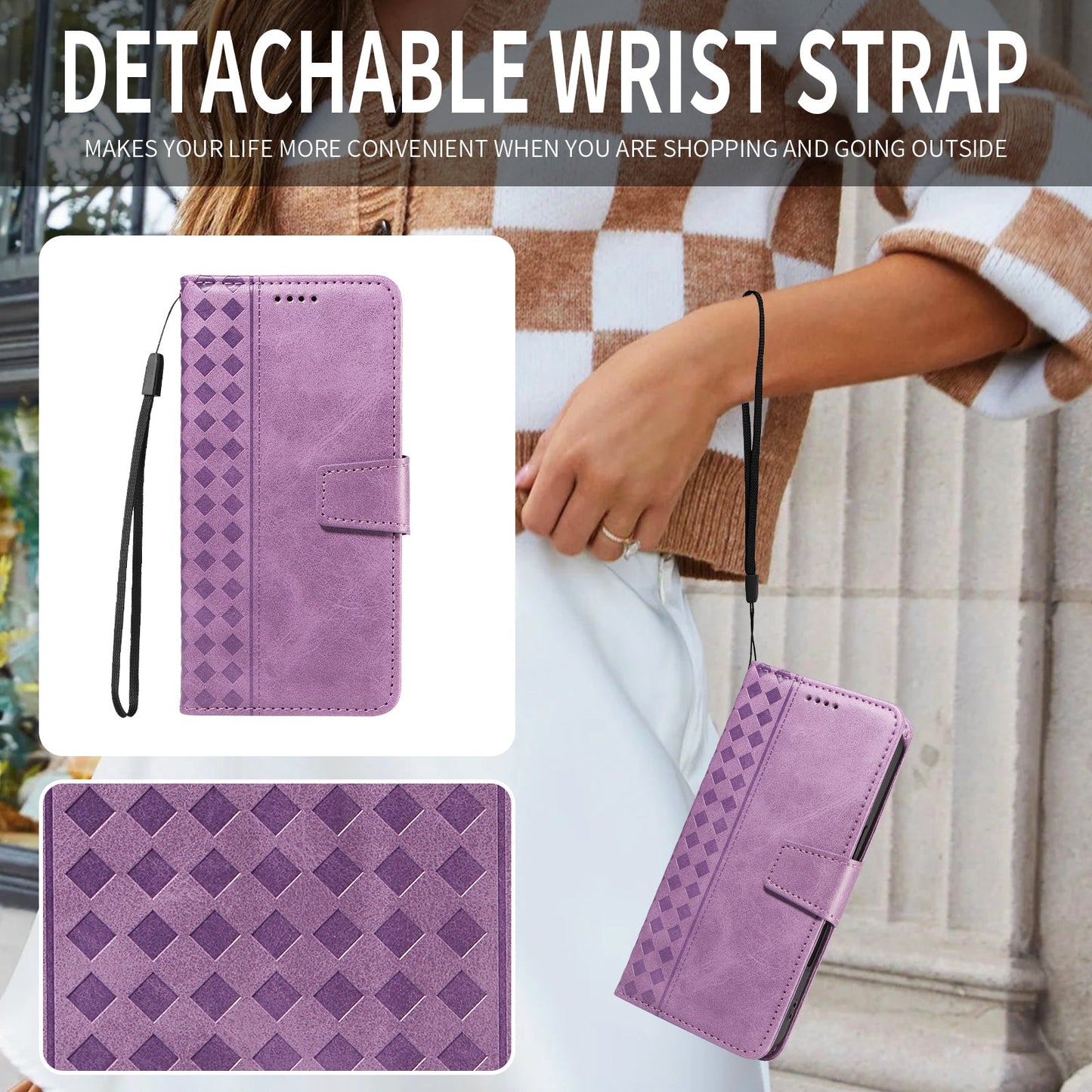 For Oppo Reno13 F 4G / Oppo Reno13 F 5G Leather Case Wallet Stand Grids Imprinted Phone Cover with Strap - Light Purple