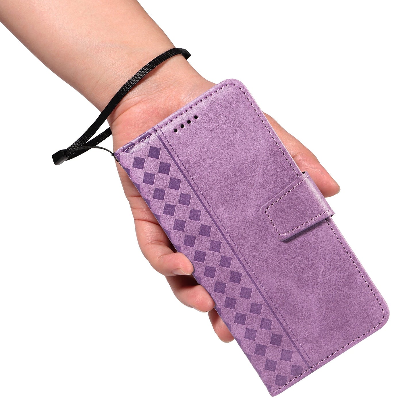 For Oppo Reno13 F 4G / Oppo Reno13 F 5G Leather Case Wallet Stand Grids Imprinted Phone Cover with Strap - Light Purple