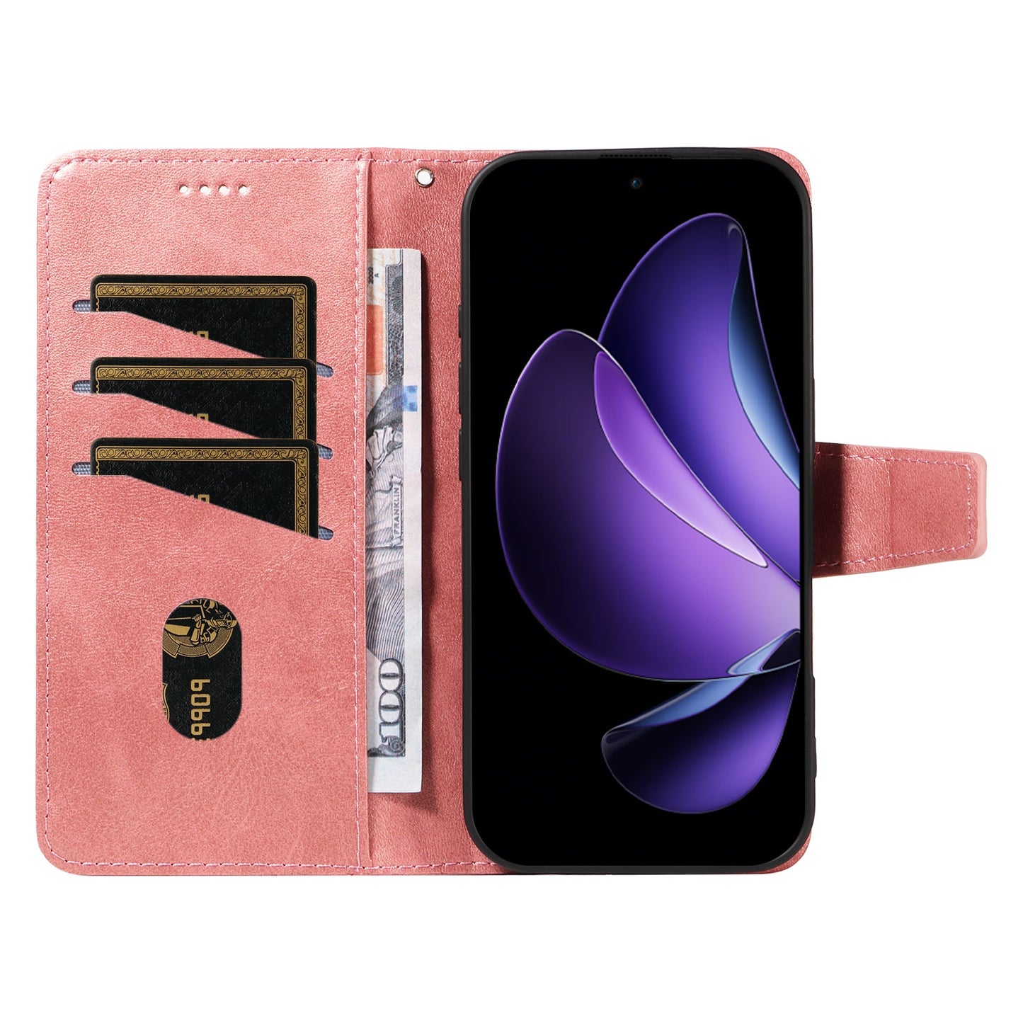 For Oppo Reno13 F 4G / Oppo Reno13 F 5G Leather Case Wallet Stand Grids Imprinted Phone Cover with Strap - Rose Gold