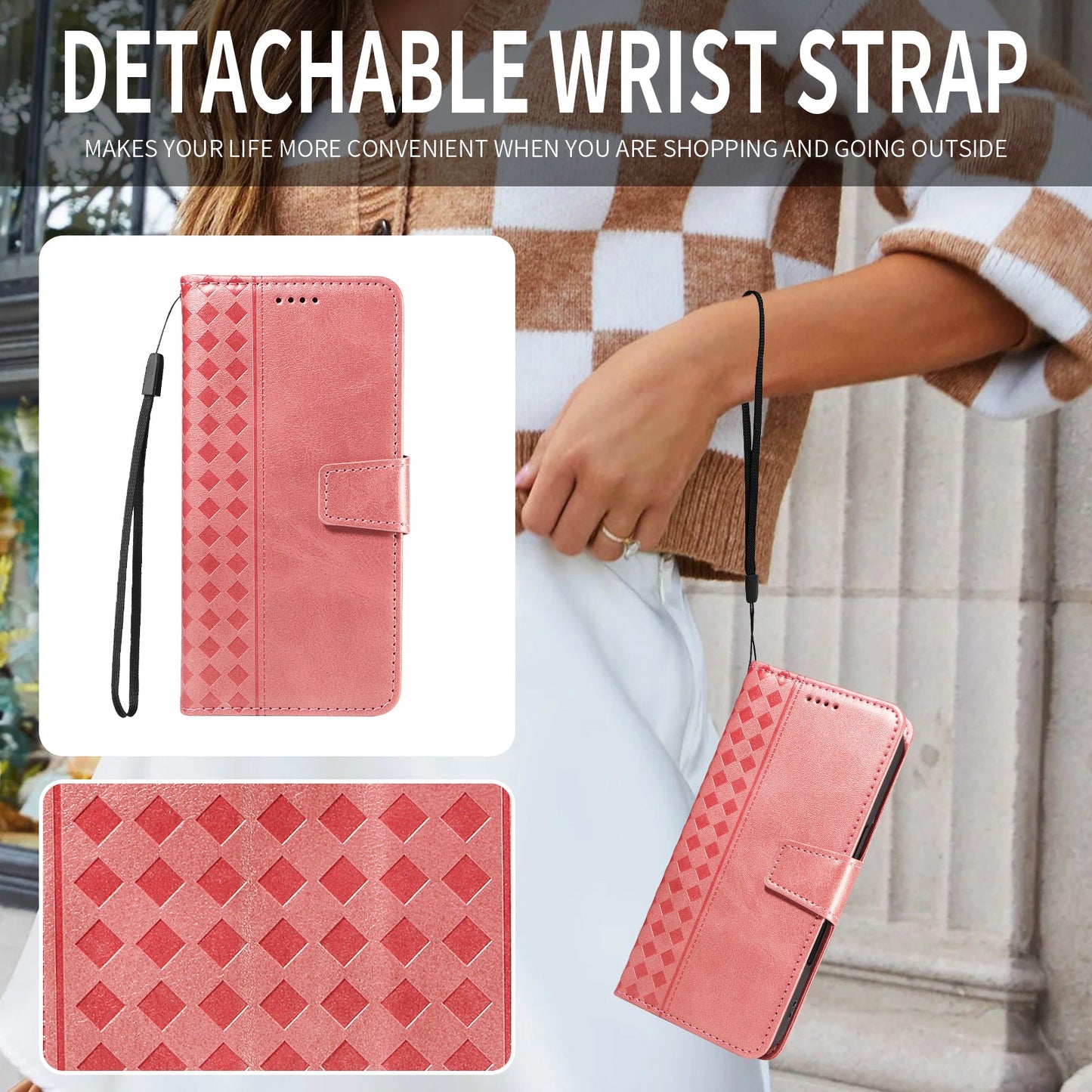 For Oppo Reno13 F 4G / Oppo Reno13 F 5G Leather Case Wallet Stand Grids Imprinted Phone Cover with Strap - Rose Gold
