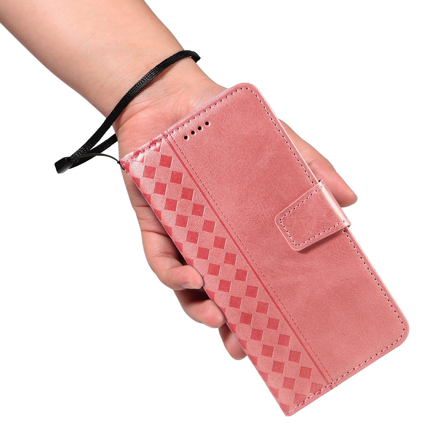 For Oppo Reno13 F 4G / Oppo Reno13 F 5G Leather Case Wallet Stand Grids Imprinted Phone Cover with Strap - Rose Gold