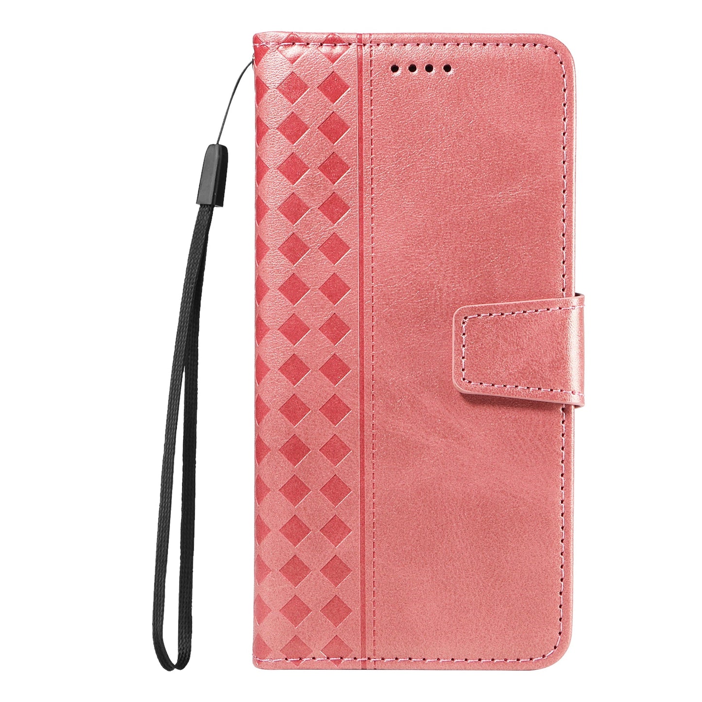 For Oppo Reno13 F 4G / Oppo Reno13 F 5G Leather Case Wallet Stand Grids Imprinted Phone Cover with Strap - Rose Gold
