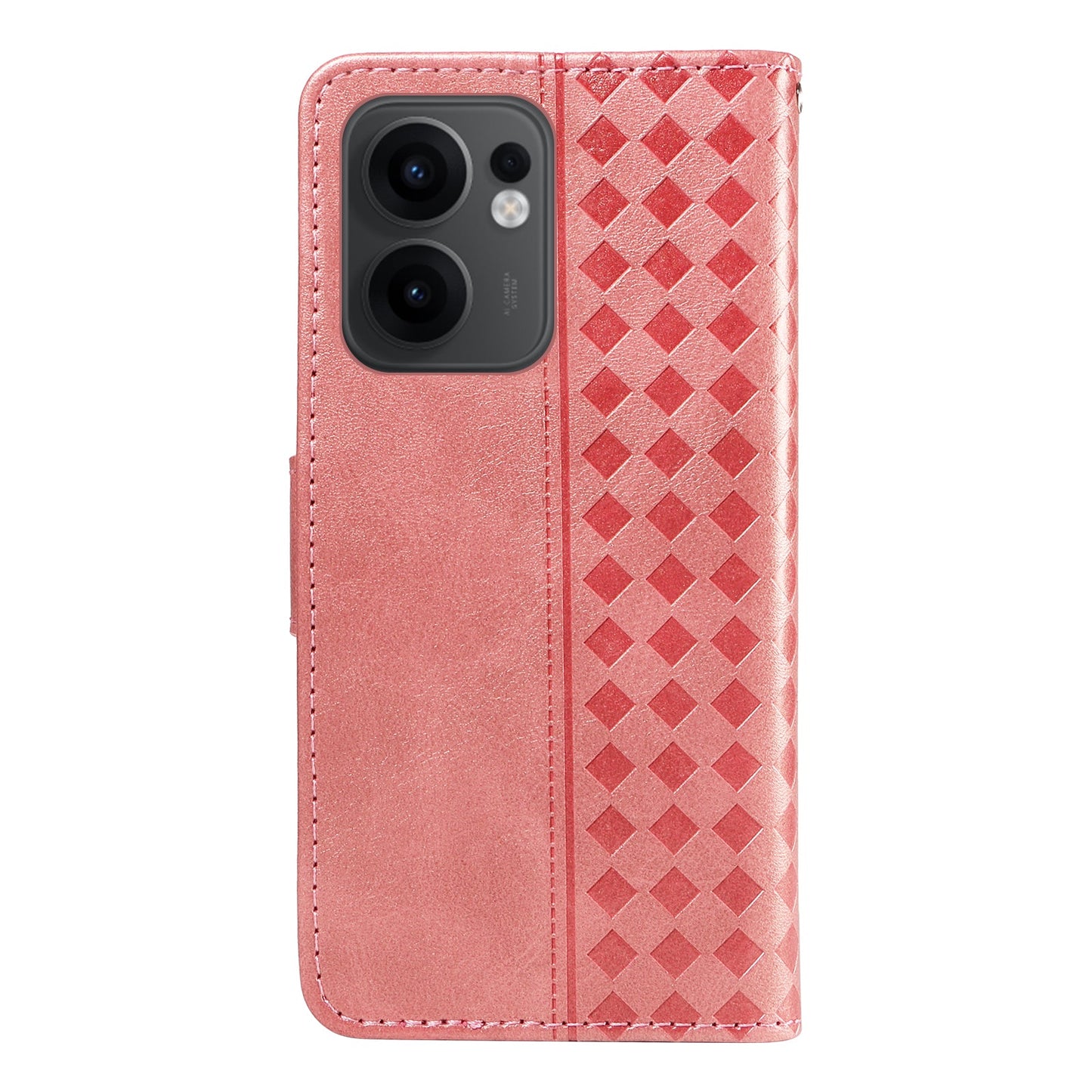 For Oppo Reno13 F 4G / Oppo Reno13 F 5G Leather Case Wallet Stand Grids Imprinted Phone Cover with Strap - Rose Gold
