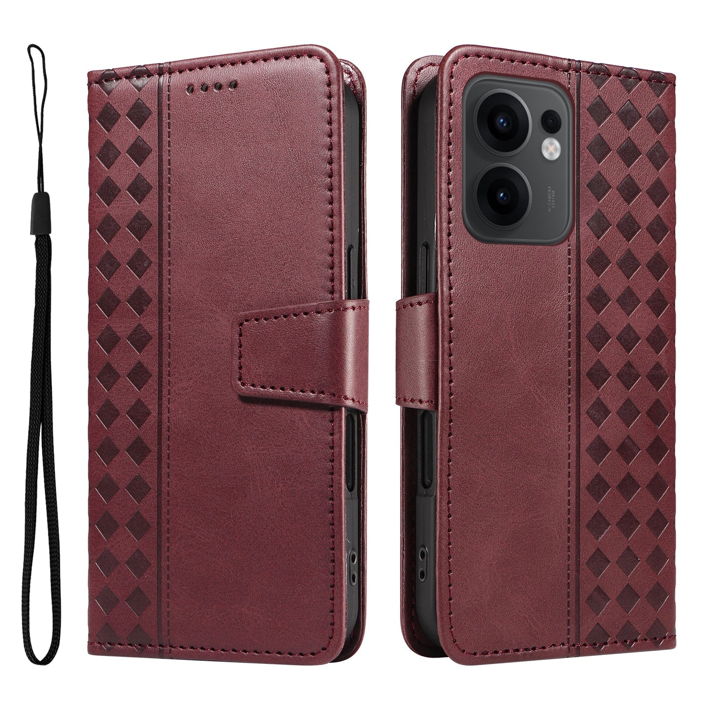 For Oppo Reno13 F 4G / Oppo Reno13 F 5G Leather Case Wallet Stand Grids Imprinted Phone Cover with Strap -  Wine Red