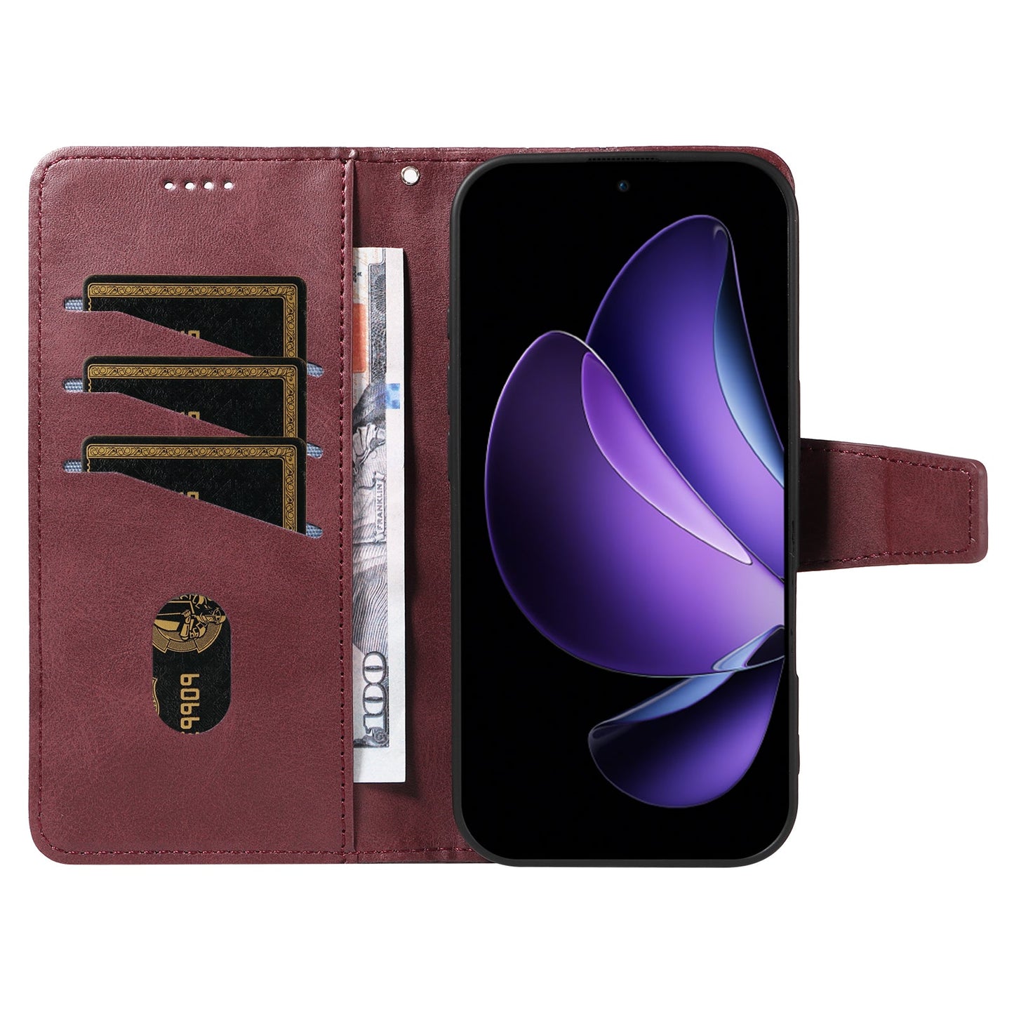 For Oppo Reno13 F 4G / Oppo Reno13 F 5G Leather Case Wallet Stand Grids Imprinted Phone Cover with Strap -  Wine Red