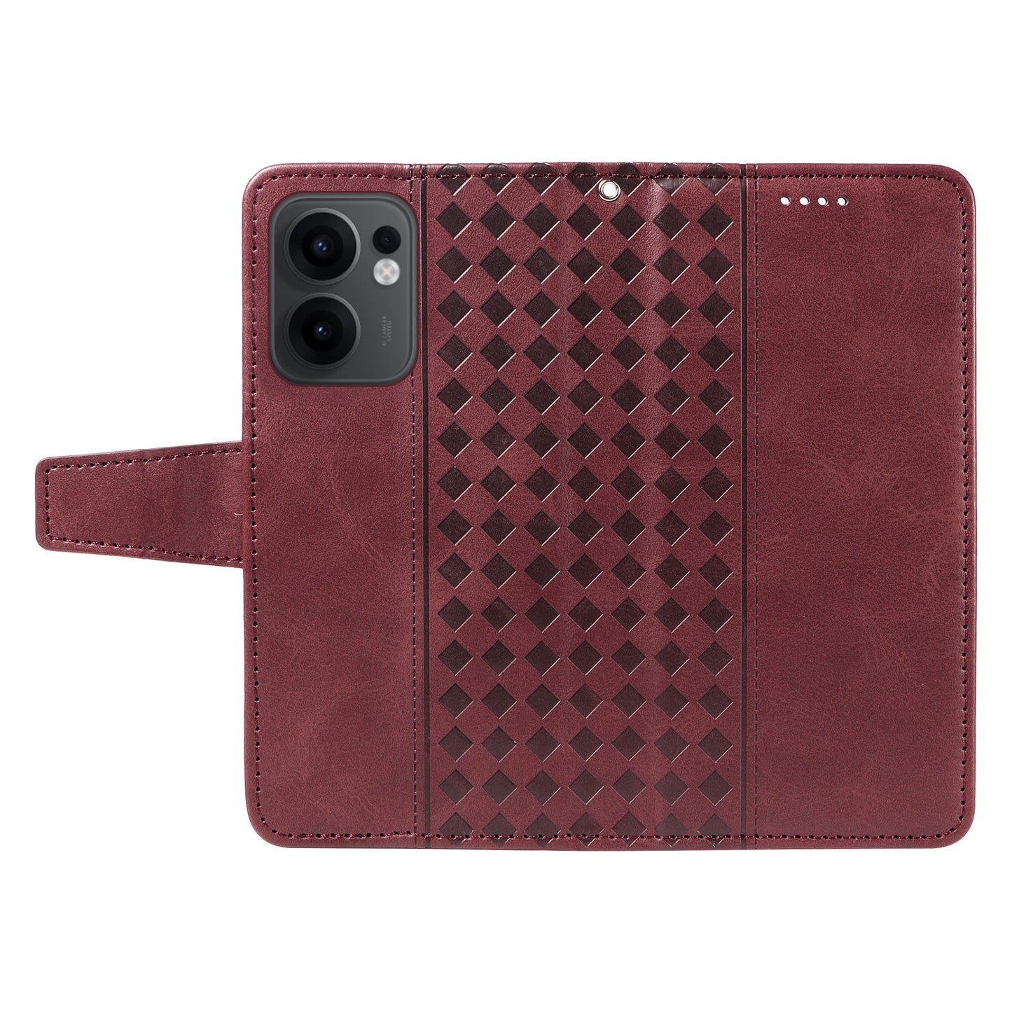 For Oppo Reno13 F 4G / Oppo Reno13 F 5G Leather Case Wallet Stand Grids Imprinted Phone Cover with Strap -  Wine Red