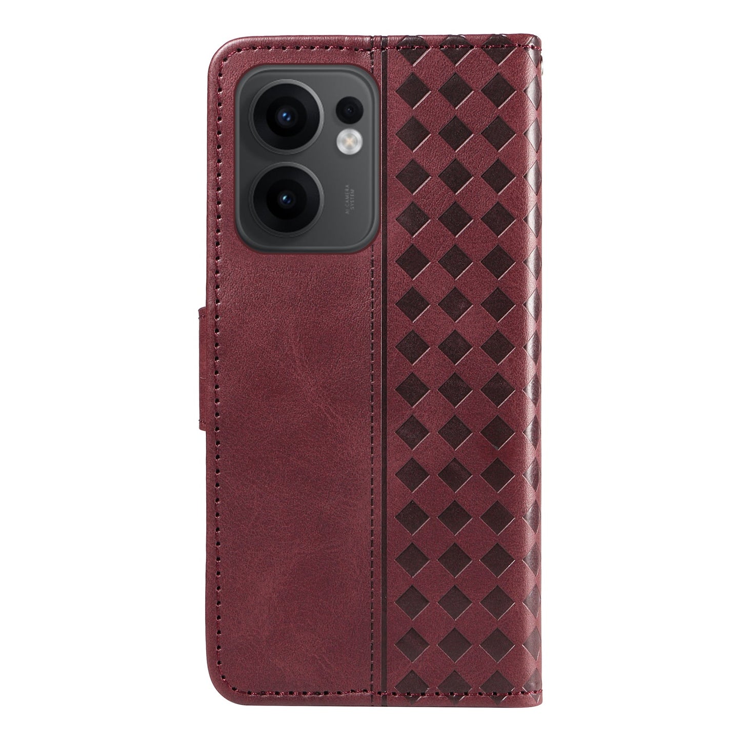 For Oppo Reno13 F 4G / Oppo Reno13 F 5G Leather Case Wallet Stand Grids Imprinted Phone Cover with Strap -  Wine Red