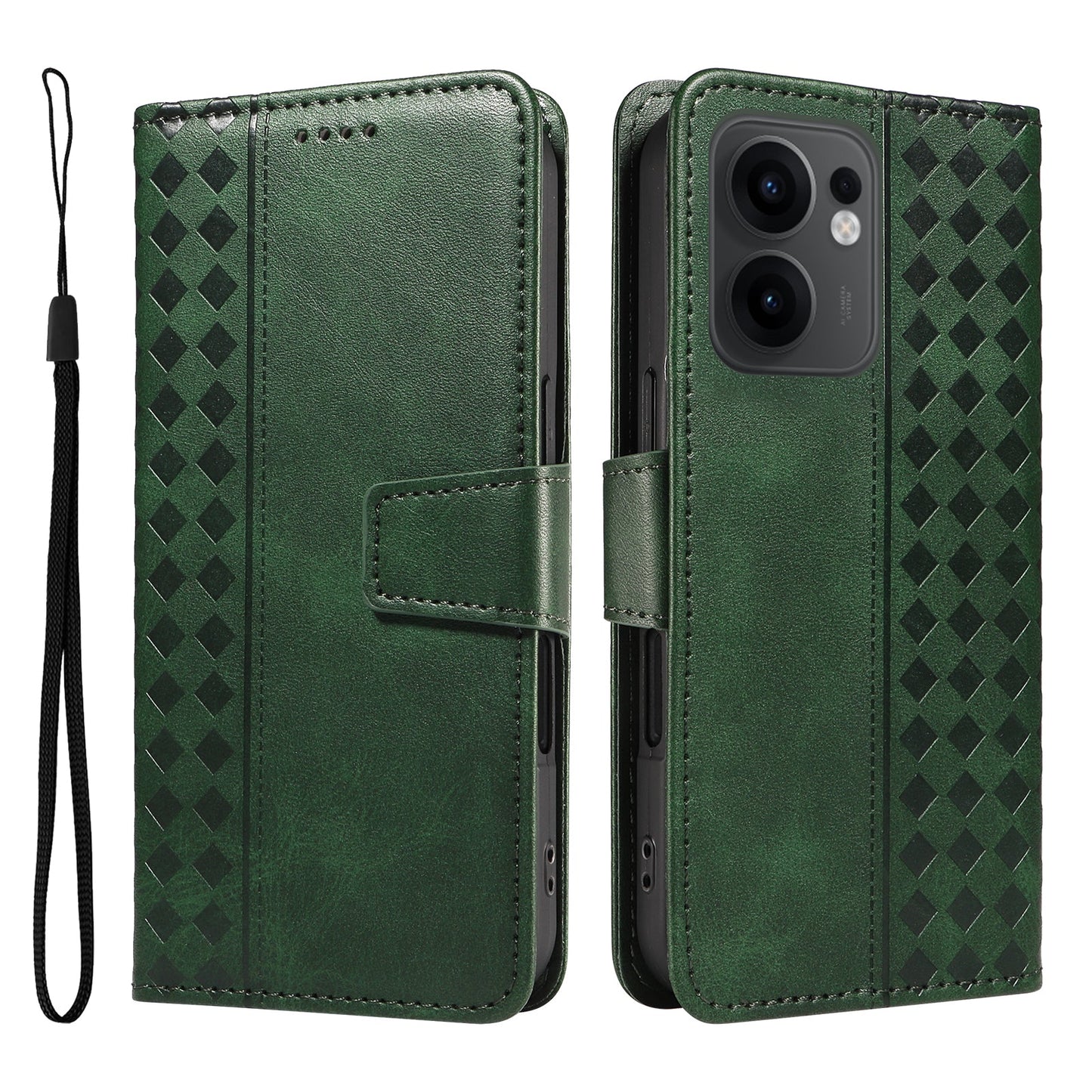 For Oppo Reno13 F 4G / Oppo Reno13 F 5G Leather Case Wallet Stand Grids Imprinted Phone Cover with Strap - Green
