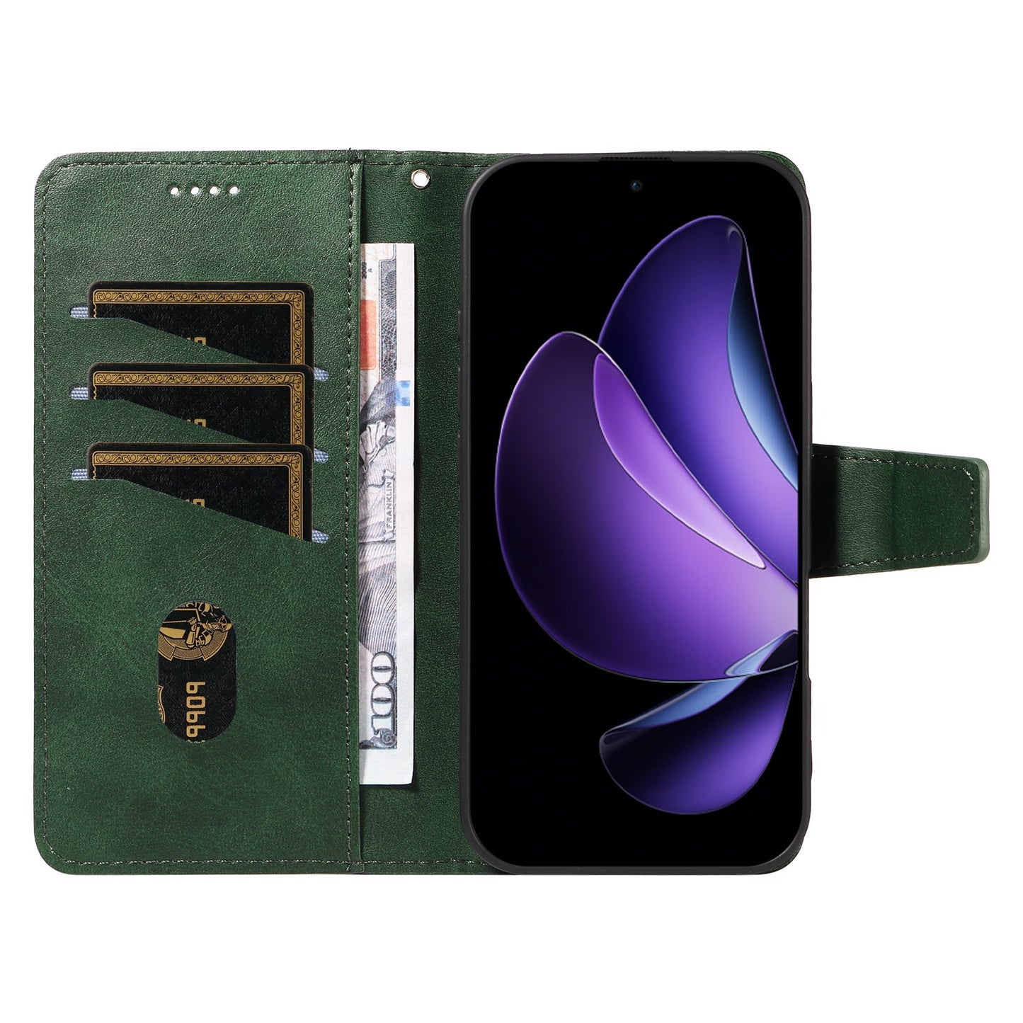 For Oppo Reno13 F 4G / Oppo Reno13 F 5G Leather Case Wallet Stand Grids Imprinted Phone Cover with Strap - Green