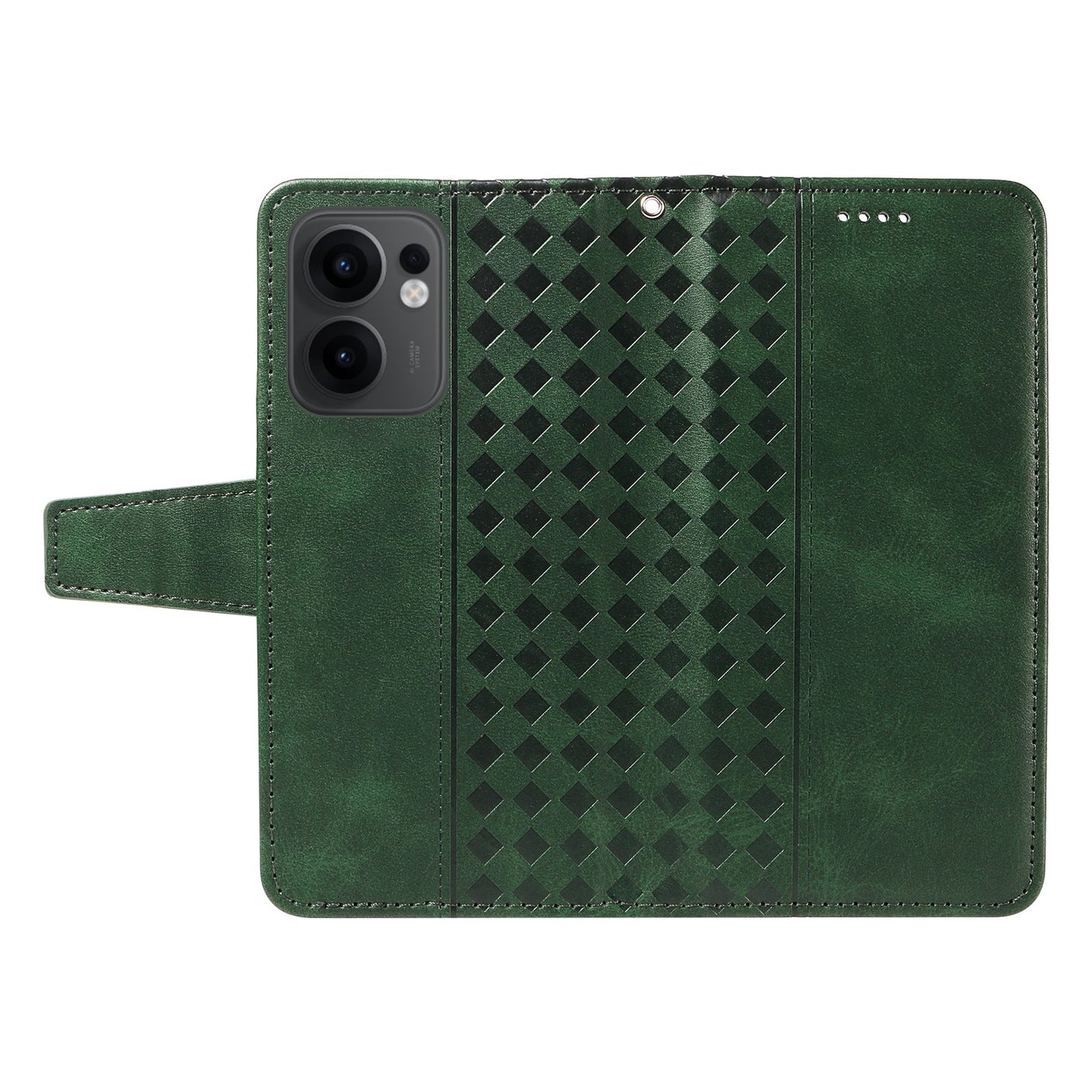 For Oppo Reno13 F 4G / Oppo Reno13 F 5G Leather Case Wallet Stand Grids Imprinted Phone Cover with Strap - Green