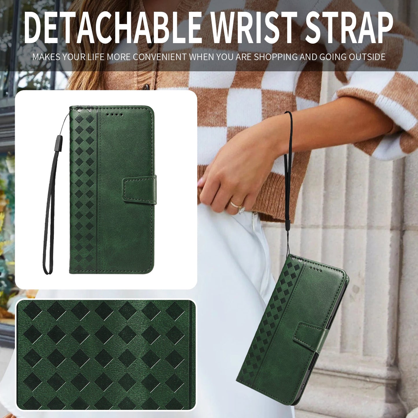 For Oppo Reno13 F 4G / Oppo Reno13 F 5G Leather Case Wallet Stand Grids Imprinted Phone Cover with Strap - Green