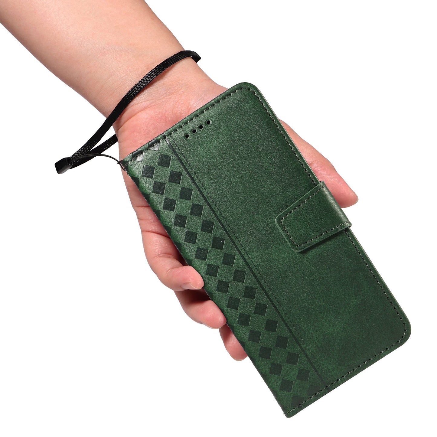 For Oppo Reno13 F 4G / Oppo Reno13 F 5G Leather Case Wallet Stand Grids Imprinted Phone Cover with Strap - Green