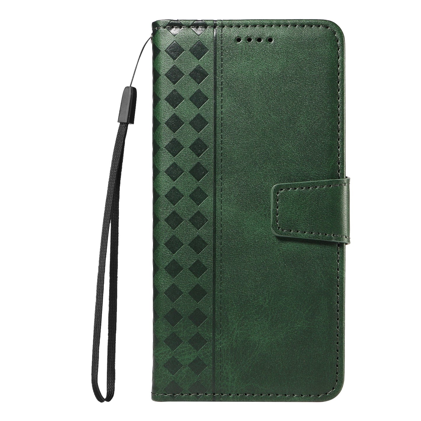 For Oppo Reno13 F 4G / Oppo Reno13 F 5G Leather Case Wallet Stand Grids Imprinted Phone Cover with Strap - Green